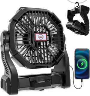 Ventilador portátil recargable para tienda de campaña, linterna LED, rotación de 270°, 36 horas de autonomía, 10 pulgadas, silencioso, con refrigeración USB personal.