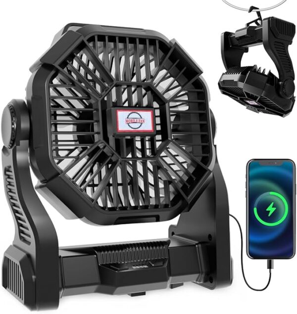 Ventilador portátil recargable para tienda de campaña, linterna LED, rotación de 270°, 36 horas de autonomía, 10 pulgadas, silencioso, con refrigeración USB personal.